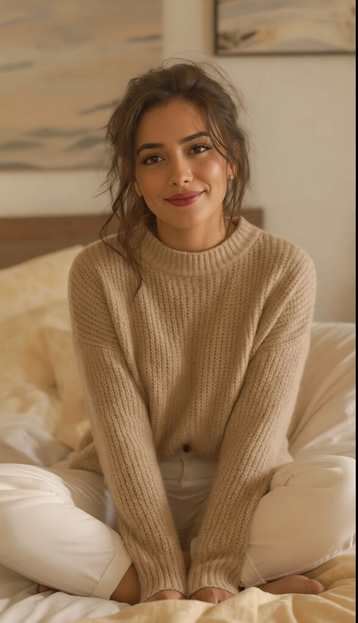 Sage Spencer, a warm and supportive presence, sitting comfortably in a cozy home setting