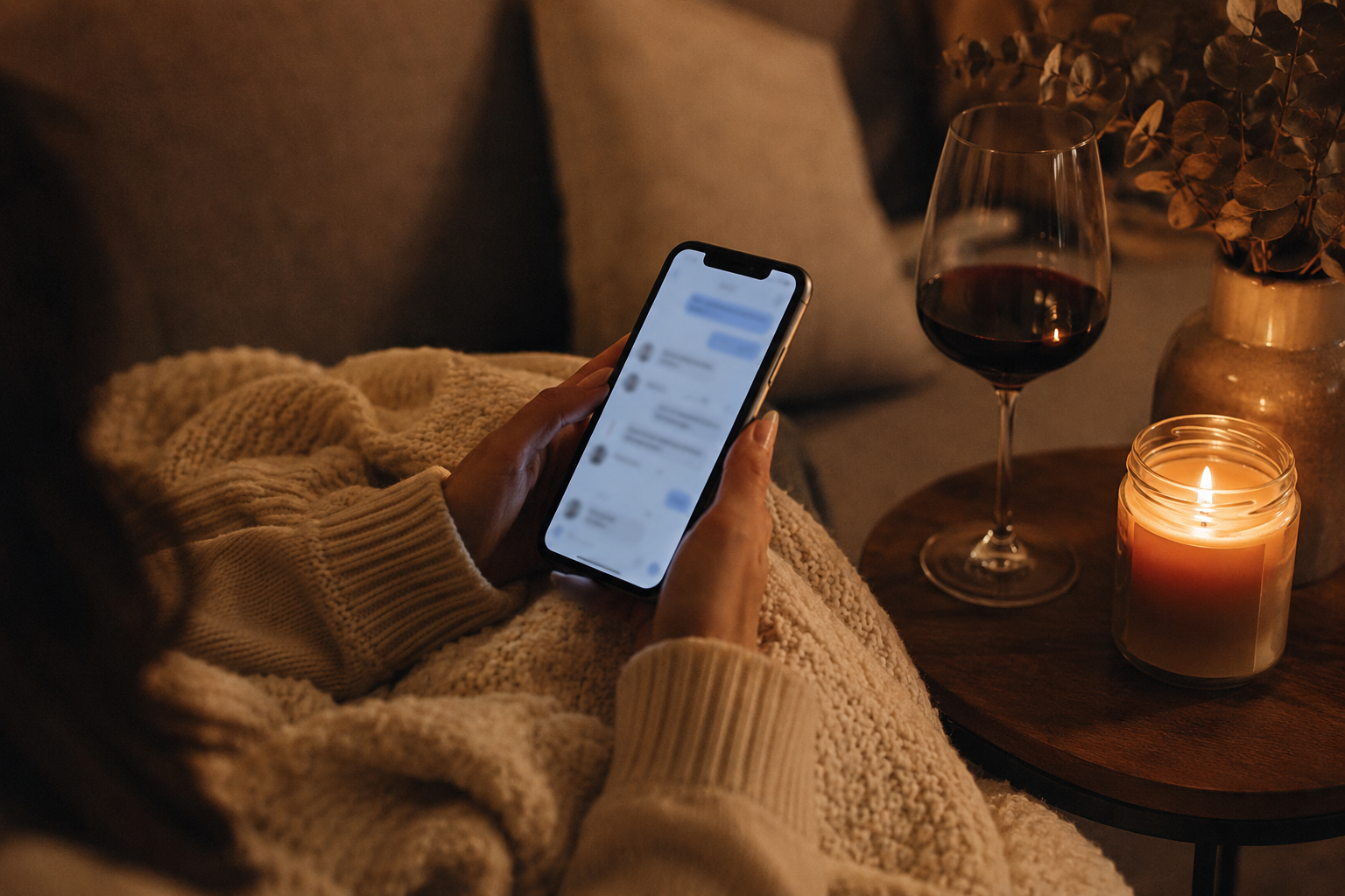 Cozy candlelit phone scene