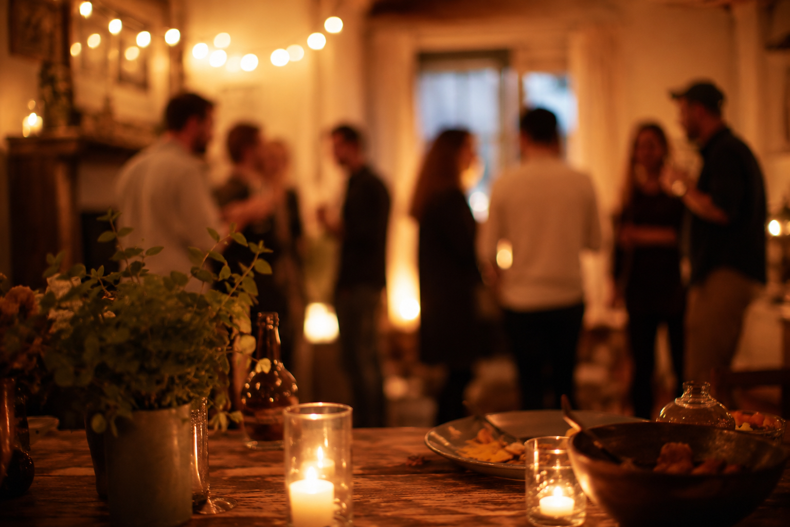 Warm evening gathering with string lights