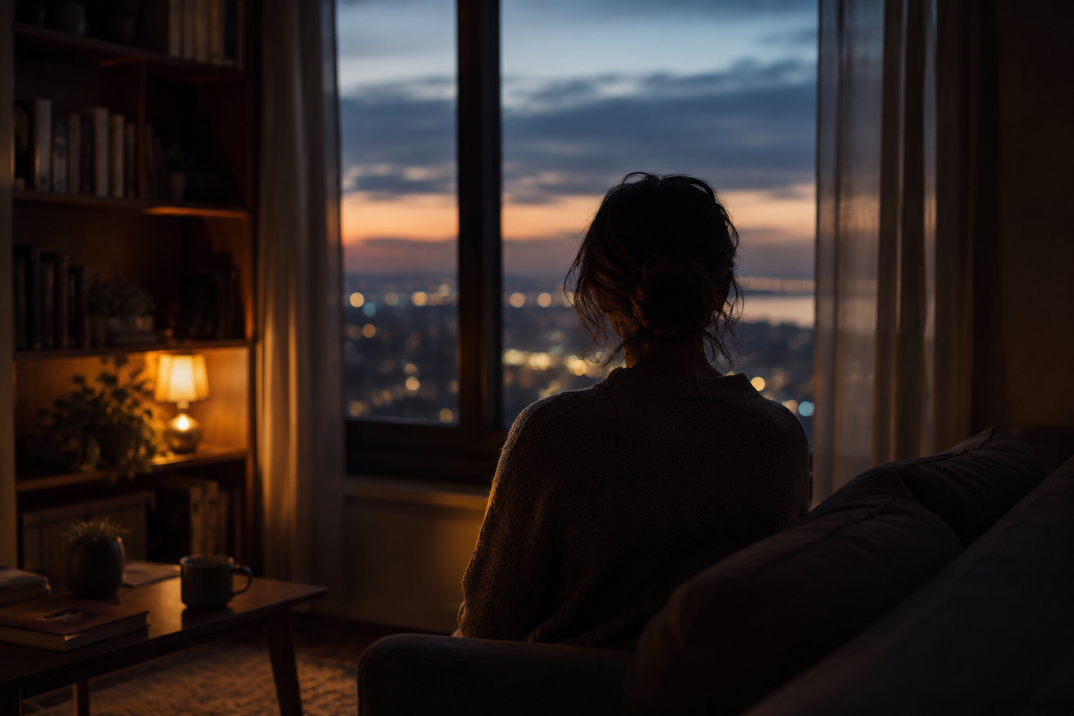 Woman looking out at evening city view